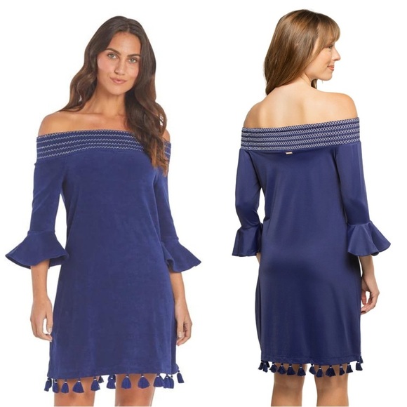 Cabana Life Navy Terry Off the Shoulder Dress Mini Tassel Medium - Picture 3 of 8